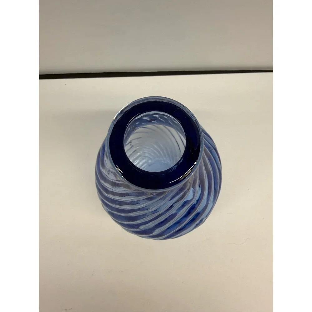 Hand Blown Blue Swirl Optic Glass Vase Teardrop Spiral Art Glass 6 Inch